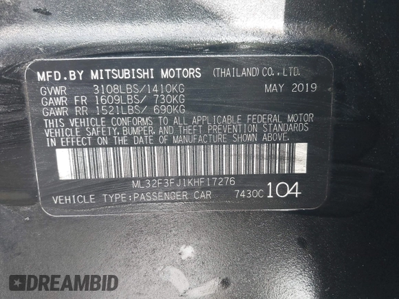 2019 Mitsubishi Mirage ES z VIN ML32F3FJ1KHF17276, wystawiony jako IAAI lot #42382799 z przebiegiem 87 753 mil mil oraz . Historia ofert i sprzedaży dostępna na DreamBid. Obrazek 9.