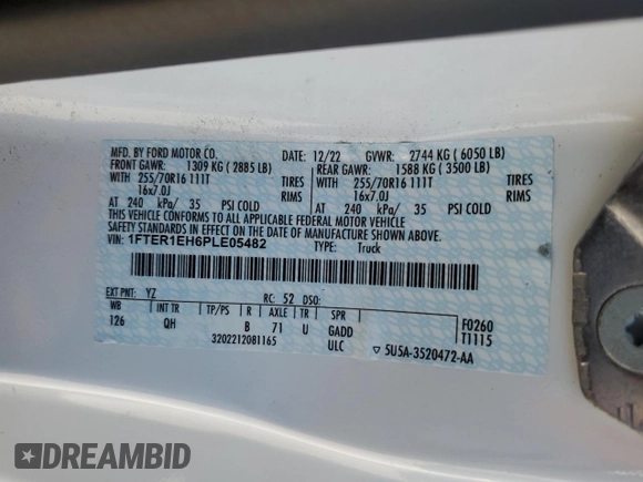 2023 Ford Ranger XL with VIN 1FTER1EH6PLE05482, listed as a Copart auction lot 49605045 with 24,422 mi miles and Salvage title. Bid and sale history available at DreamBid. Image 12.