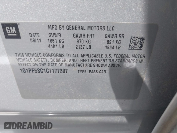 2012 Chevrolet Cruze 1LT with VIN 1G1PF5SC1C7177307, listed as a IAAI auction lot 42142726 with 309,002 mi miles and . Bid and sale history available at DreamBid. Image 9.