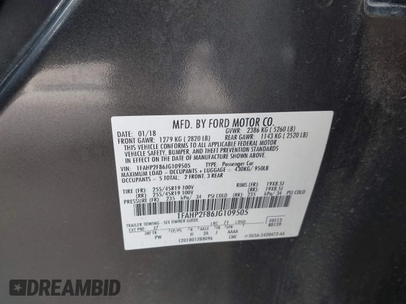 2018 Ford Taurus Limited with VIN 1FAHP2F86JG109505, listed as a IAAI auction lot 41863922 with 62,725 mi miles and . Bid and sale history available at DreamBid. Image 9.