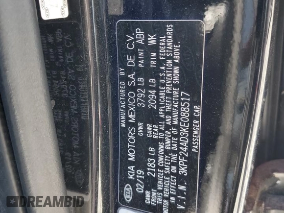 2019 Kia Forte LXS with VIN 3KPF24AD3KE088517, listed as a Copart auction lot 52872675 with 84,220 mi miles and Salvage Title. Bid and sale history available at carsss.com. Image 12.