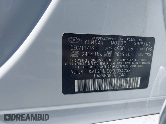 2019 Genesis G70 Advanced with VIN KMTG34LE0KU034232, listed as a IAAI auction lot 42113393 with 47,360 mi miles and . Bid and sale history available at DreamBid. Image 9.
