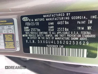2018 Kia Optima EX with VIN 5XXGU4L36JG253629, listed as a IAAI auction lot 42079946 with 136,575 mi miles and . Bid and sale history available at carsss.com. Image 9.
