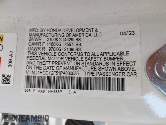 2023 Honda Accord Sport z VIN 1HGCY2F51PA030635, wystawiony jako IAAI lot #42247506 z przebiegiem 31 525 mil mil oraz . Historia ofert i sprzedaży dostępna na DreamBid. Obrazek 9.