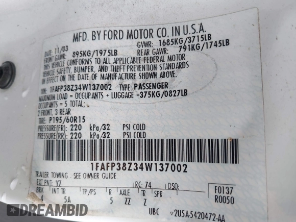 2004 Ford Focus ZTS with VIN 1FAFP38Z34W137002, listed as a IAAI auction lot 41867443 with 185,862 mi miles and . Bid and sale history available at carsss.com. Image 9.
