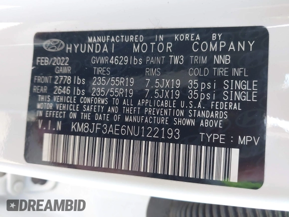 2022 Hyundai Tucson N Line with VIN KM8JF3AE6NU122193, listed as a IAAI auction lot 41880185 with 17,966 mi miles. Bid and sale history available at carsss.com. Image 9.