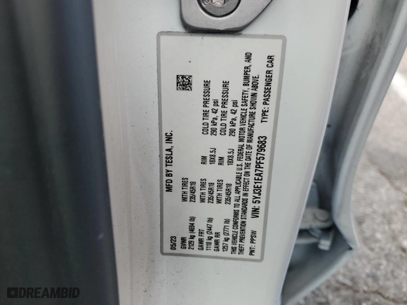 2023 Tesla Model 3 with VIN 5YJ3E1EA7PF579683, listed as a Copart auction lot 87651765 with 9,048 mi miles and Salvage Title. Bid and sale history available at carsss.com. Image 12.