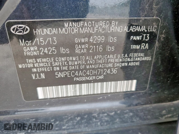 2013 Hyundai Sonata Limited z VIN 5NPEC4AC4DH712436, wystawiony jako Copart lot #55655205 z przebiegiem 154 391 mil mil oraz Szkoda całkowita • Salvage title. Historia ofert i sprzedaży dostępna na DreamBid. Obrazek 12.