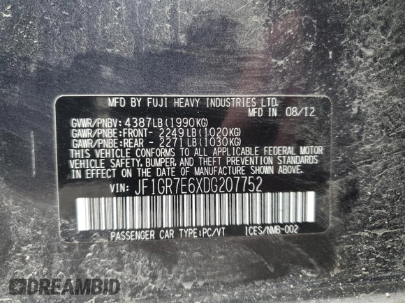 2013 Subaru WRX WRX with VIN JF1GR7E6XDG207752, listed as a Copart auction lot 60613035 with 155,468 mi miles and Salvage title. Bid and sale history available at DreamBid. Image 14.