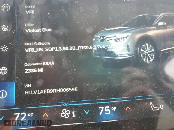 2024 VinFast VF 8 Eco z VIN RLLV1AEB7RH004473, wystawiony jako Copart lot #57440575 z przebiegiem 2336 mil mil oraz Tytuł czysty. Historia ofert i sprzedaży dostępna na DreamBid. Obrazek 9.