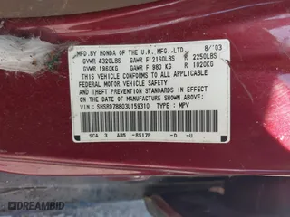 2003 Honda CR-V EX with VIN SHSRD78803U159310, listed as a IAAI auction lot 42035574 with 301,145 mi miles. Bid and sale history available at carsss.com. Image 9.