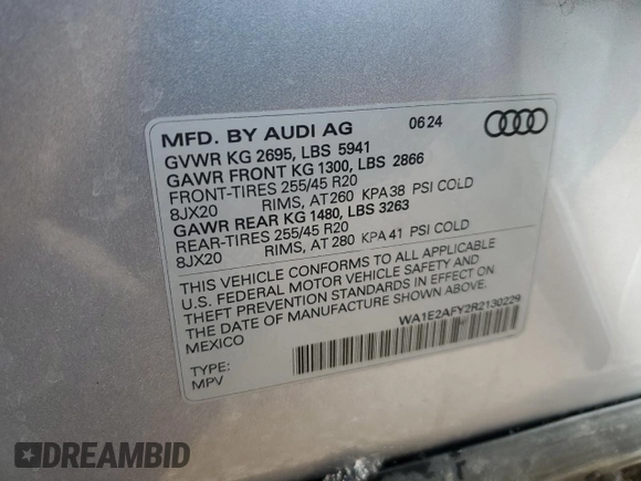 2024 Audi Q5 S line Premium Plus with VIN WA1E2AFY2R2130229, listed as a Copart auction lot 49924335 with 2,856 mi miles and Salvage title. Bid and sale history available at DreamBid. Image 12.