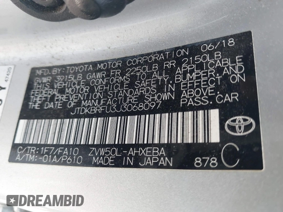 2018 Toyota Prius Two with VIN JTDKBRFU3J3068097, listed as a IAAI auction lot 42178684 with 335,391 mi miles and . Bid and sale history available at DreamBid. Image 9.
