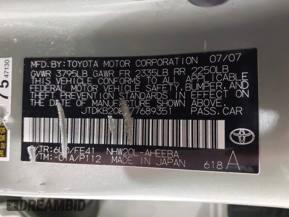 2007 Toyota Prius with VIN JTDKB20U477689351, listed as a IAAI auction lot 42110774 with 181,194 mi miles and . Bid and sale history available at DreamBid. Image 9.