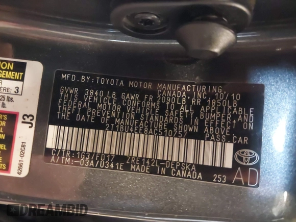 2010 Toyota Corolla with VIN 2T1BU4EE8AC510757, listed as a IAAI auction lot 41589152 with 164,857 mi miles. Bid and sale history available at carsss.com. Image 9.