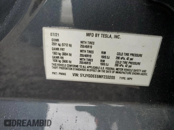 2021 Tesla Model Y Long Range z VIN 5YJYGDEE6MF233205, wystawiony jako Copart lot #58011025 z przebiegiem 48 419 mil mil oraz Szkoda całkowita • Salvage title. Historia ofert i sprzedaży dostępna na DreamBid. Obrazek 13.