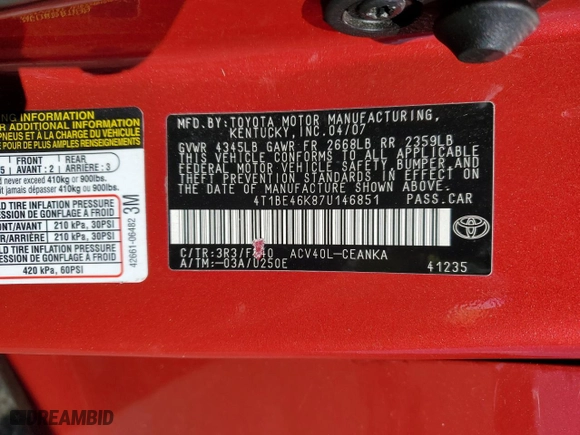 2007 Toyota Camry CE with VIN 4T1BE46K87U146851, listed as a Copart auction lot 48071995 with 160,311 mi miles and Salvage Title. Bid and sale history available at carsss.com. Image 13.