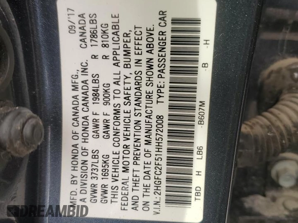 2017 Honda Civic Sedan LX with VIN 2HGFC2F51HH572008, listed as a Copart auction lot 51002125 with 103,088 mi miles and Salvage Title. Bid and sale history available at carsss.com. Image 12.