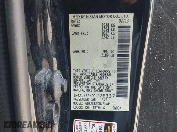 2013 Nissan Altima S with VIN 1N4AL2EP2DC226337, listed as a IAAI auction lot 42060854 with 161,225 mi miles and . Bid and sale history available at DreamBid. Image 9.