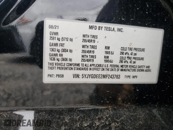 2021 Tesla Model Y Long Range with VIN 5YJYGDEE2MF243763, listed as a Copart auction lot 54941665 with 39,516 mi miles and Clean Title. Bid and sale history available at DreamBid. Image 12.