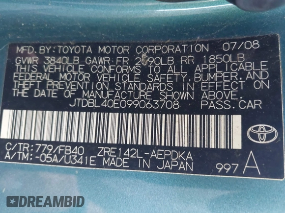 2009 Toyota Corolla with VIN JTDBL40E099063708, listed as a IAAI auction lot 42085584 with 110,075 mi miles. Bid and sale history available at carsss.com. Image 9.