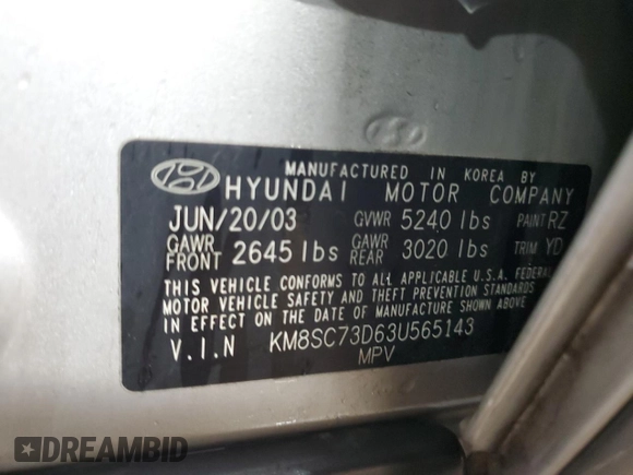 2003 Hyundai Santa Fe GLS with VIN KM8SC73D63U565143, listed as a Copart auction lot 72279934 with 191,822 mi miles and Salvage Title. Bid and sale history available at carsss.com. Image 13.