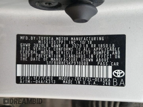 2019 Toyota Corolla L with VIN 5YFBURHE5KP910088, listed as a Copart auction lot 52401885 with 130,124 mi miles and Salvage Title. Bid and sale history available at DreamBid. Image 15.