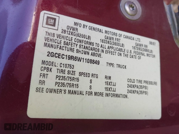 1998 Chevrolet Silverado 1500 with VIN 2GCEC19R6W1108849, listed as a IAAI auction lot 41249475 with 105,709 mi miles and . Bid and sale history available at DreamBid. Image 9.
