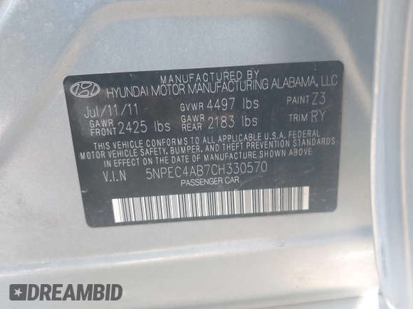 2012 Hyundai Sonata SE with VIN 5NPEC4AB7CH330570, listed as a IAAI auction lot 42108128 with 124,439 mi miles and . Bid and sale history available at carsss.com. Image 9.