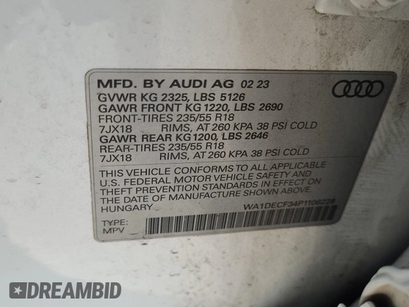 2023 Audi Q3 S line Premium with VIN WA1DECF34P1106228, listed as a IAAI auction lot 42734425 with 52,167 mi miles and . Bid and sale history available at DreamBid. Image 36.