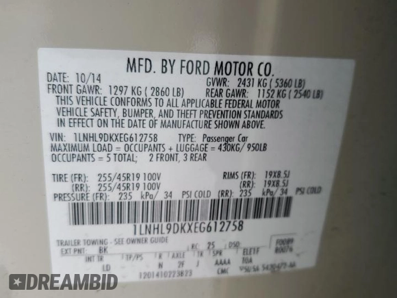 2014 Lincoln MKS with VIN 1LNHL9DKXEG612758, listed as a Copart auction lot 53230065 with 98,863 mi miles and Salvage Title. Bid and sale history available at carsss.com. Image 12.