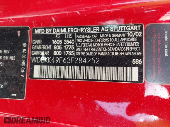 2003 Mercedes-Benz SLK 230 Kompressor z VIN WDBKK49F63F284252, wystawiony jako IAAI lot #42307320 z przebiegiem 180 893 mil mil oraz . Historia ofert i sprzedaży dostępna na DreamBid. Obrazek 9.