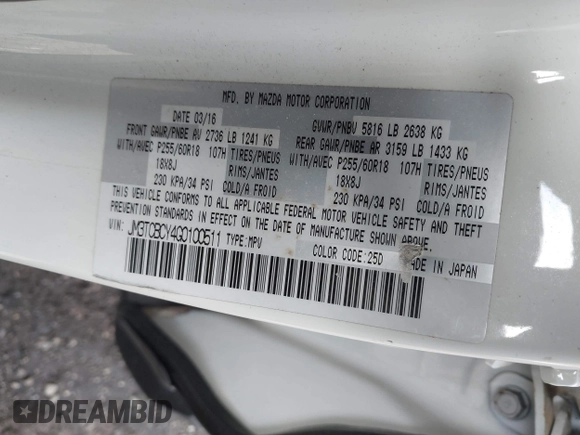 2016 Mazda CX-9 Touring with VIN JM3TCBCY4G0100511, listed as a IAAI auction lot 41811185 with 112,932 mi miles. Bid and sale history available at carsss.com. Image 9.