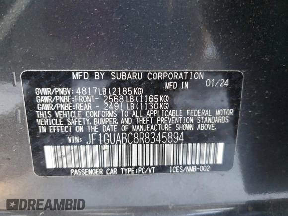 2024 Subaru Impreza with VIN JF1GUABC8R8345894, listed as a Copart auction lot 43810295 with 5,514 mi miles and Salvage Title. Bid and sale history available at carsss.com. Image 12.
