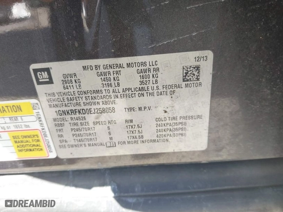 2014 Chevrolet Traverse LS with VIN 1GNKRFKD0EJ258058, listed as a IAAI auction lot 41725120 with 147,588 mi miles. Bid and sale history available at carsss.com. Image 9.