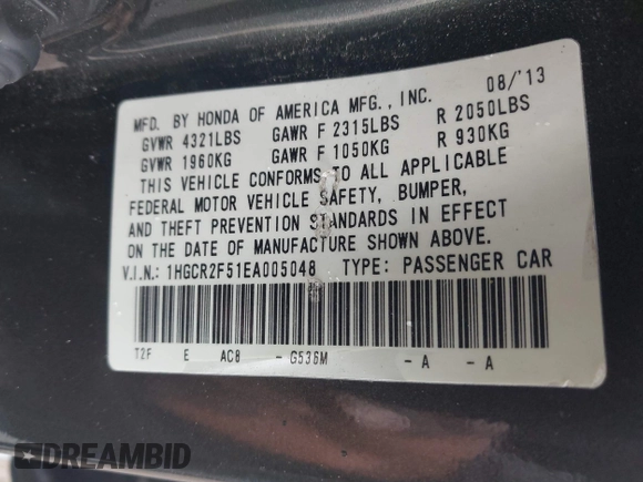2014 Honda Accord Sedan Sport with VIN 1HGCR2F51EA005048, listed as a IAAI auction lot 41943732 with 221,068 mi miles. Bid and sale history available at carsss.com. Image 9.