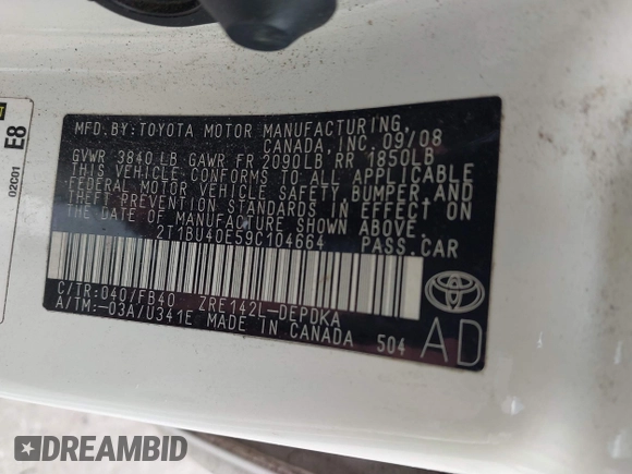 2009 Toyota Corolla with VIN 2T1BU40E59C104664, listed as a IAAI auction lot 42492948 with 188,933 mi miles and . Bid and sale history available at DreamBid. Image 9.