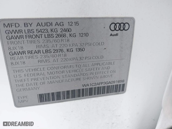 2016 Audi Q5 Premium with VIN WA1C2AFP3GA091698, listed as a IAAI auction lot 41849412 with 110,485 mi miles. Bid and sale history available at carsss.com. Image 9.