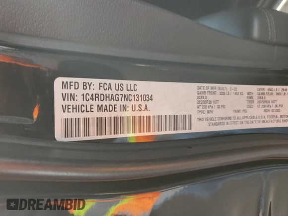 2022 Dodge Durango SXT z VIN 1C4RDHAG7NC131034, wystawiony jako Copart lot #58246395 z przebiegiem 45 883 mil mil oraz Szkoda całkowita • Salvage title. Historia ofert i sprzedaży dostępna na DreamBid. Obrazek 13.