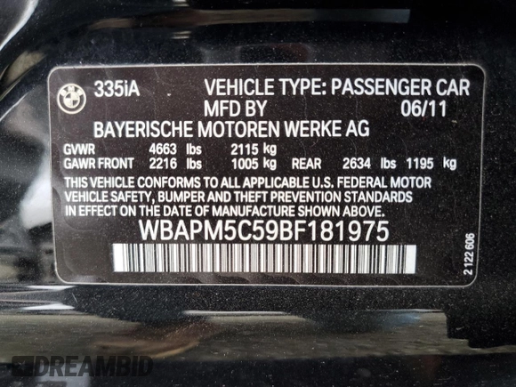 2011 BMW 3 Series 335i with VIN WBAPM5C59BF181975, listed as a Copart auction lot 51857465 with 87,341 mi miles and Salvage Title. Bid and sale history available at carsss.com. Image 14.