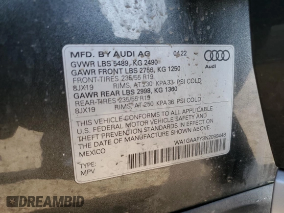 2022 Audi Q5 S line Premium z VIN WA1GAAFY3N2099448, wystawiony jako Copart lot #58257715 z przebiegiem 39 407 mil mil oraz Szkoda całkowita • Salvage title. Historia ofert i sprzedaży dostępna na DreamBid. Obrazek 13.