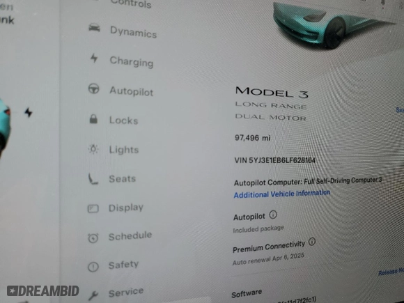 2020 Tesla Model 3 Long Range with VIN 5YJ3E1EB6LF628164, listed as a Copart auction lot 50830385 with 97,496 mi miles and Clean Title. Bid and sale history available at carsss.com. Image 9.