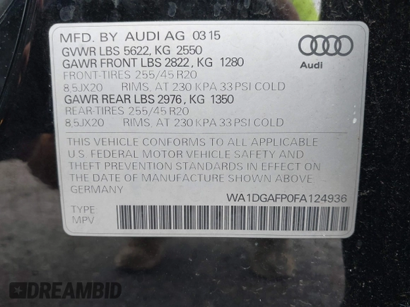 2015 Audi Q5 Premium Plus with VIN WA1DGAFP0FA124936, listed as a IAAI auction lot 40506289 with 38,134 mi miles. Bid and sale history available at carsss.com. Image 9.