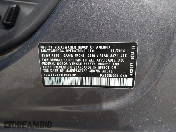 2015 Volkswagen Passat 1.8T Limited Edition with VIN 1VWAT7A31FC049502, listed as a IAAI auction lot 41833759 with 121,099 mi miles. Bid and sale history available at carsss.com. Image 9.