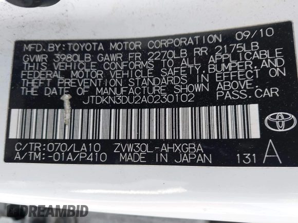 2010 Toyota Prius II with VIN JTDKN3DU2A0230102, listed as a IAAI auction lot 42086705 with 377,817 mi miles. Bid and sale history available at carsss.com. Image 9.