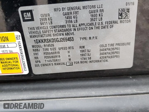 2016 GMC Acadia SLT with VIN 1GKKRSKD5GJ269453, listed as a Copart auction lot 82956074 with 137,333 mi miles and Salvage Title. Bid and sale history available at carsss.com. Image 13.