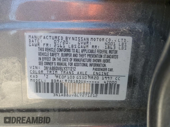 2020 Nissan Sentra SR z VIN 3N1AB8DV8LY271212, wystawiony jako Copart lot #53478705 z przebiegiem 81 804 mil mil oraz Szkoda całkowita • Salvage title. Historia ofert i sprzedaży dostępna na DreamBid. Obrazek 12.