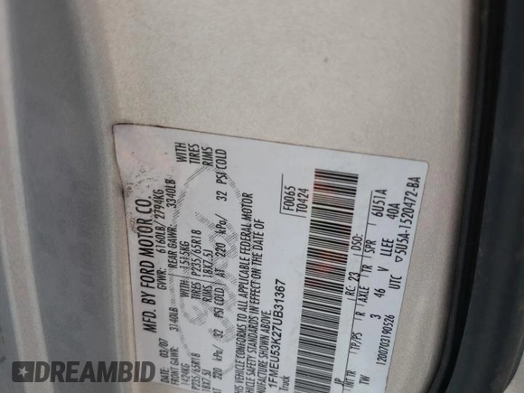 2007 Ford Explorer Sport Trac Limited with VIN 1FMEU53K27UB31367, listed as a Copart auction lot 57905645 with 119,372 mi miles and Salvage title. Bid and sale history available at DreamBid. Image 12.