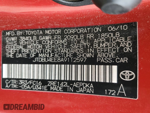 2010 Toyota Corolla with VIN JTDBU4EE8A9112597, listed as a Copart auction lot 53513385 with 177,969 mi miles and Salvage Title. Bid and sale history available at DreamBid. Image 12.