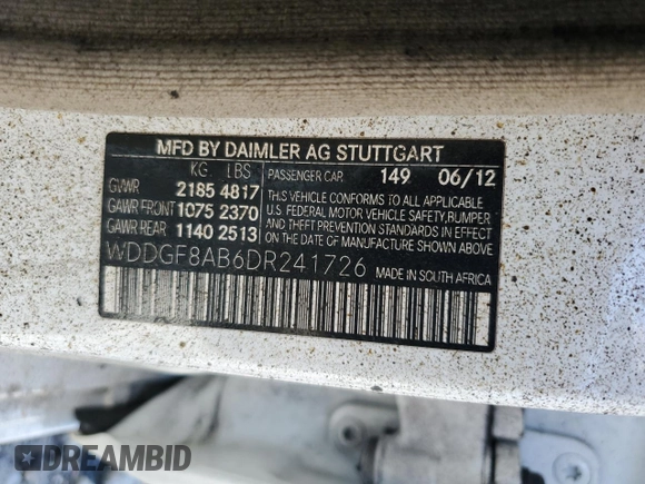 2013 Mercedes-Benz C 300 Sport с VIN WDDGF8AB6DR241726, выставлен на аукционе Copart как лот 54554925 с пробегом Не указан миль и Списание • Salvage title. История ставок и продаж доступна на DreamBid. Изображение 12.